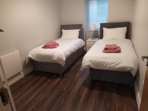 都柏林Spacious Two bedroom City apartment Longs Place, Dublin 8的小型客房铺有木地板,配有两张床。
