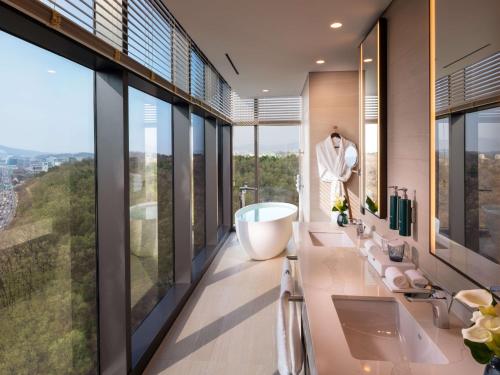 城南市DoubleTree By Hilton Seoul Pangyo的带浴缸和盥洗盆的浴室以及大窗户。