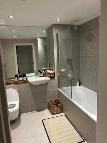 伦敦Cosy bedroom in Luxury apartment的带浴缸、卫生间和盥洗盆的浴室