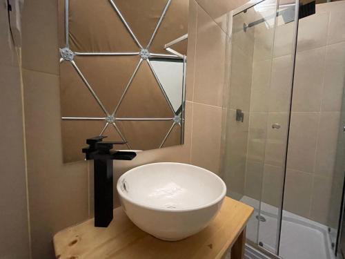 安达韦拉斯Pacucha Glamping的一间带白色碗水槽和淋浴的浴室