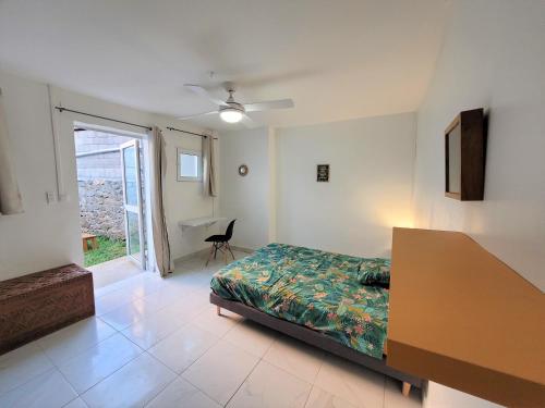 圣丹尼斯KAZANVIL的一间卧室配有一张床、一张书桌和一个窗户。