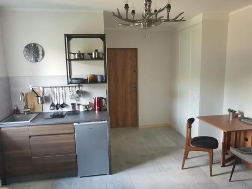 比托姆Motyl Apartamenty Studio的厨房配有水槽、桌子、桌子和椅子