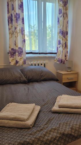 克罗斯诺Apartament Alek Krosno的一间卧室配有一张床,上面有两条毛巾