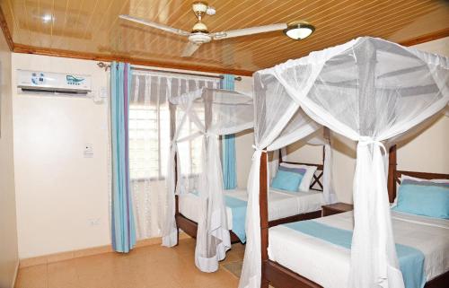 KwaleGalu Gardens Diani Beach ,Coastal Apartments by Nest & Nomad的一间卧室设有两张双层床和天花板