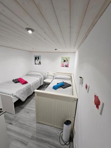 马斯帕洛马斯Chalet Luxury with privacy and Jacuzzi的一间客房内配有两张床的房间