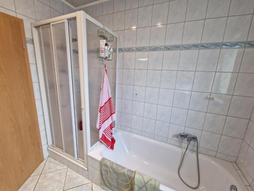 LotteHaus der Erholung App OG的浴室配有带美国国旗的浴缸。
