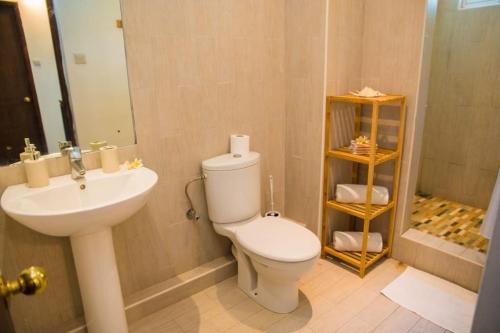 格兰高伯Island Villa的浴室配有白色卫生间和盥洗盆。