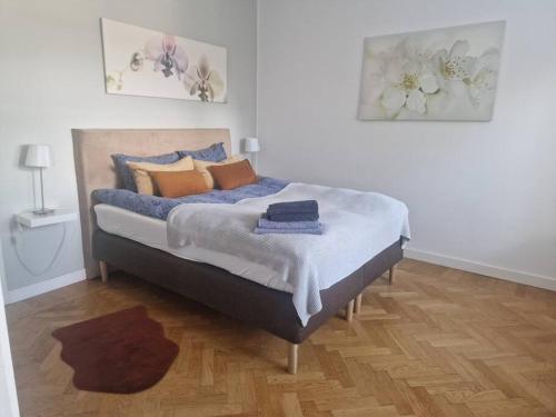斯德哥尔摩Mysigt lägenhet i Stockholm City的一间卧室配有带枕头的床