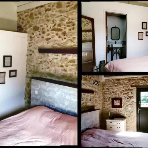 Les trois jolies的卧室的三幅照片,卧室配有一张床和一堵石墙
