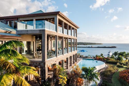 尼维斯Beautiful 3 story 8,000 sq ft Oceanside Mansion的一座带游泳池和海洋的房子的形象