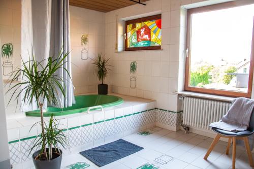 里斯河畔比伯拉赫Gemütliche Galerie-Wohnung in Biberach的一间带植物浴缸和窗户的浴室