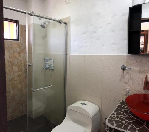 瓜塔佩Lake View Hostel的带淋浴、卫生间和盥洗盆的浴室