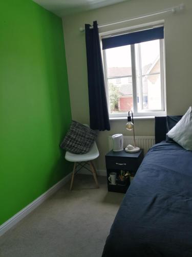 霍尔斯特德59 Halstead - Gorgeous single bedroom with private bathroom的一间卧室设有绿色的墙壁,床边设有椅子