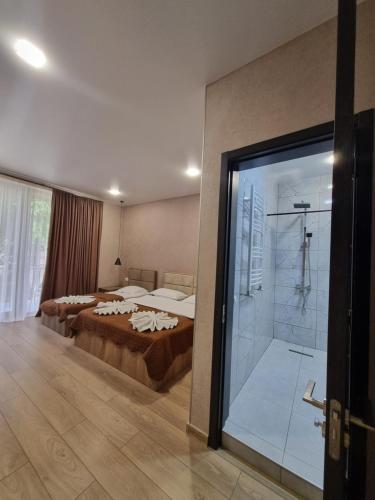 卡兹贝吉Hotel Olympus Kazbegi的酒店客房设有两张床和淋浴。