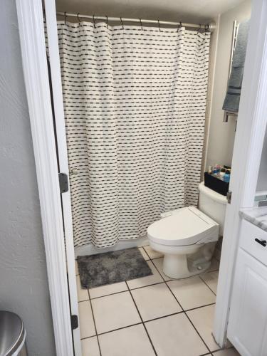 代托纳海滩Modern Beach Condo-Daytona Beach的一间带卫生间和淋浴帘的浴室