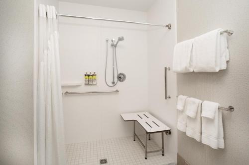 伊利Holiday Inn Express & Suites - Ely, an IHG Hotel的带淋浴、水槽和毛巾的浴室
