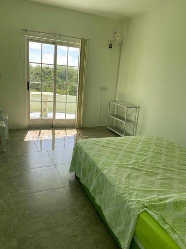 特鲁欧克比赫斯Reshma appartement的一间卧室设有一张绿色的床和一个大窗户