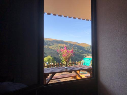 圣费朗索瓦-隆尚Appartement avec terrasse magnifique vue montagne的花瓶,桌子的窗户景
