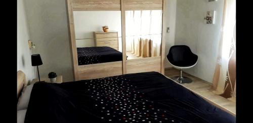 瑟兰chouette appartement 2 chambres的一间卧室配有一张黑色的床和镜子