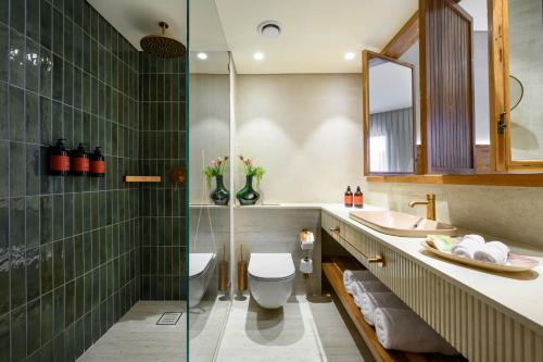 萨法德Cnaan Hotel- Limited Edition By Fattal的浴室配有卫生间、盥洗盆和淋浴。
