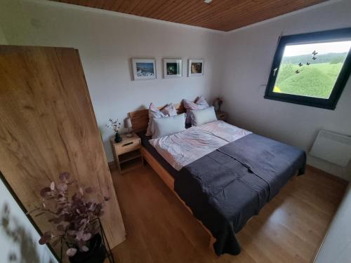 DockweilerFerienhaus Eifel Nature Dream的一间卧室设有一张大床和一个窗户。