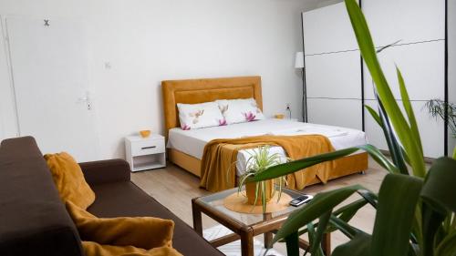 莱斯科瓦茨Apartmani Bubamara Leskovac的一间卧室配有一张床、一张沙发和一张桌子