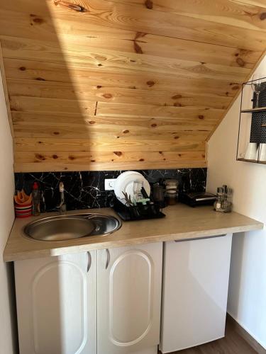 科拉欣Blue Village Lux的一个带水槽和木制天花板的厨房