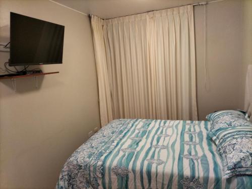 利马Lugar cómodo y seguro的一间卧室配有一张床和一台平面电视