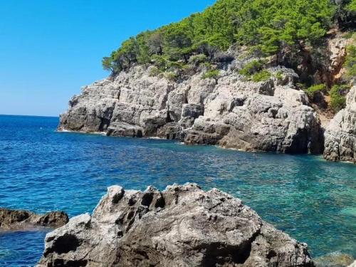 RopaRooms Korina & Mauro Ropa Mljet的享有蓝色海水的岩石海岸线美景