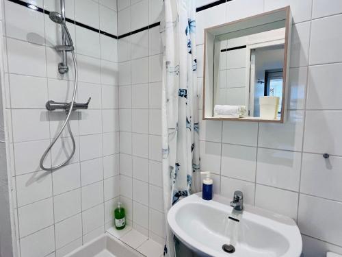 斯特拉斯堡LES MARAICHERS的白色的浴室设有水槽和淋浴。