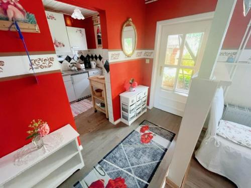 MeesigerHäuschen in Meesiger seenah的一间设有红色墙壁的客房和一间带水槽的厨房