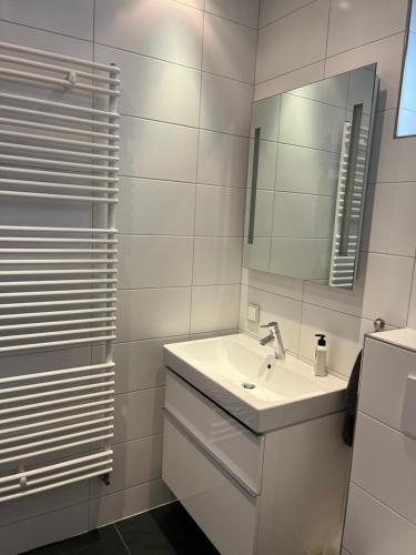 米德尔堡Huisje36的白色的浴室设有水槽和镜子