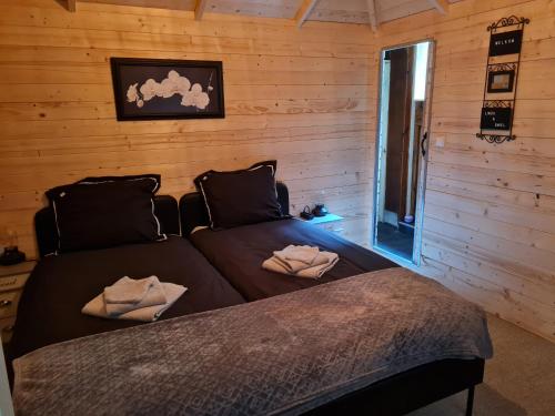 Schoonloode Tweelingen的小木屋内一间卧室,配有两张床