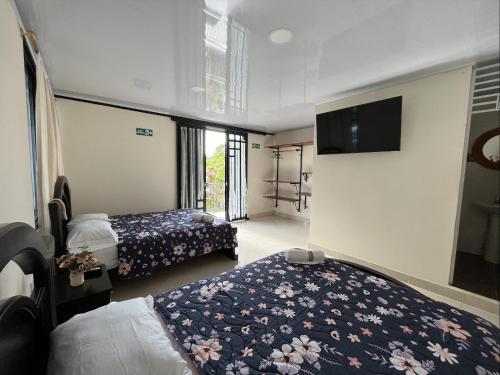 里韦拉Alojamiento Rural Casa de Campo Erika Sofia的酒店客房设有两张床和一台平面电视。
