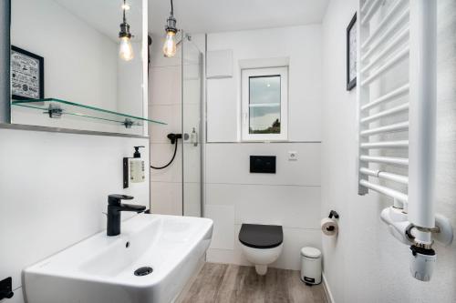 SpaichingenHotel Das Q Spaichingen的白色的浴室设有水槽和卫生间。