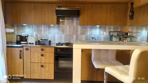 萨斯格伦德Le Charlot的厨房配有木制橱柜和台面