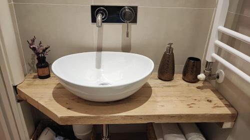 佛罗伦萨壮丽梅塞雷住宿加早餐旅馆的木制柜台上带白色碗水槽的浴室