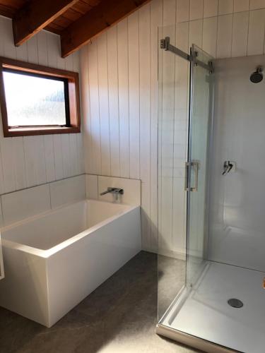 奥阿库尼高山汽车旅馆的带浴缸和玻璃淋浴间的浴室。