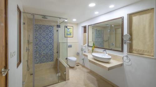 卡乌罗西姆果阿多纳西尔维亚诺富特度假村的一间带水槽、淋浴和卫生间的浴室
