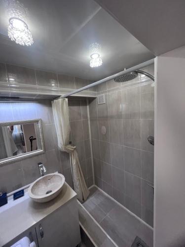 乌拉尔斯克Уютная 3 комнатная квартира的一间带水槽和淋浴的浴室