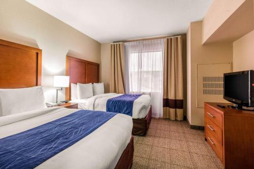 亨博尔东部IAH布什机场舒适套房酒店的酒店客房设有两张床和一台平面电视。