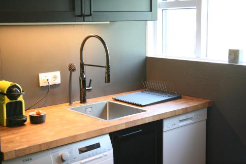 GarðabærSpacious & refurbished 1 bedroom apartment in suburban Reykjavik的厨房配有水槽和带水槽的台面