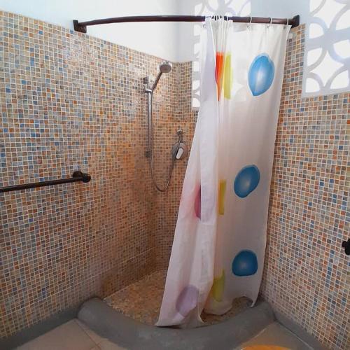 GaluManuastro Breeze Villa - Diani Beach的浴室内配有淋浴帘。