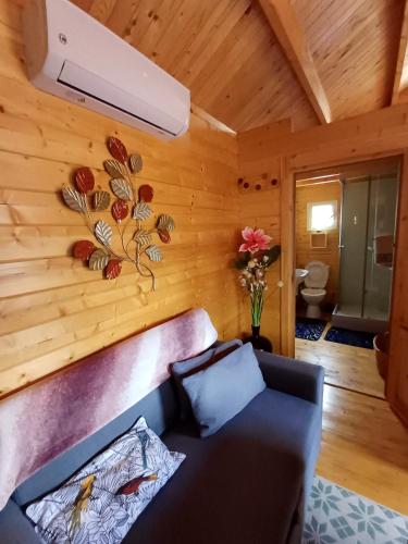 厄唐萨雷Chalet d'une chambre avec terrasse amenagee et wifi a L'Etang Sale的带沙发和风扇的客厅