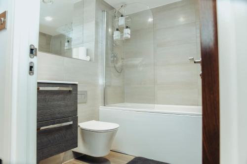 伯明翰Stunning 2-Bed Apartment in Birmingham City Center的白色的浴室设有卫生间和淋浴。