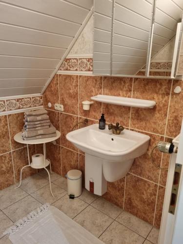 锡默拉特Rurstübchen的浴室设有水槽和带毛巾的架子。
