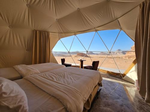 瓦迪拉姆Martina Night Camp的帐篷内的两张床,享有沙漠美景