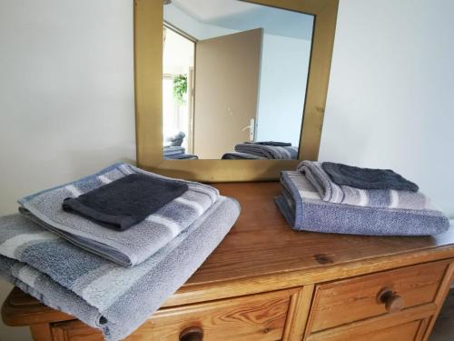 TorcyGîte du pont tournant的浴室设有毛巾和镜子的木制梳妆台