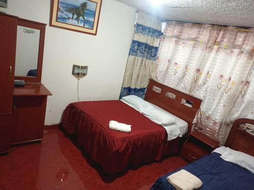 里奥班巴Hotel Richard's的一间设有红色床和镜子的小卧室