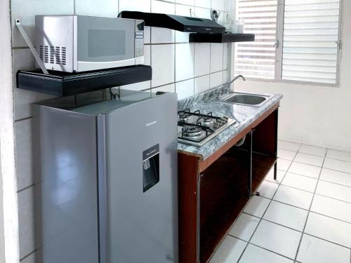 巴亚尔塔港Departamentos 1E的厨房配有冰箱和微波炉。
